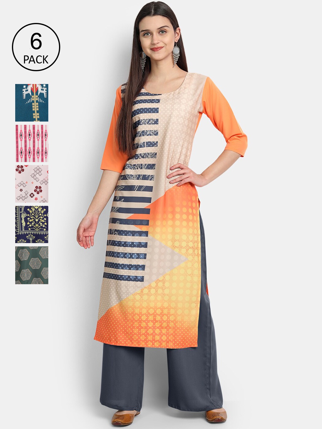 

7Threads Women Pack Of 6 Printed Crepe Kurta, Orange