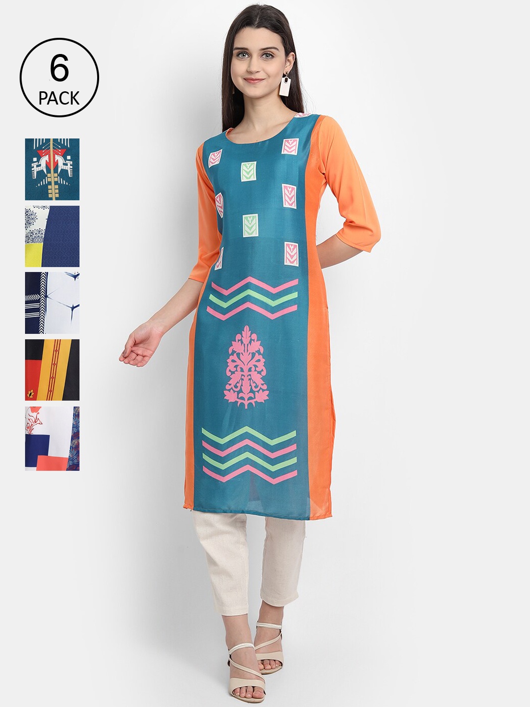 

7Threads Women Pack Of 6 Geometric Printed Crepe Kurta, Turquoise blue