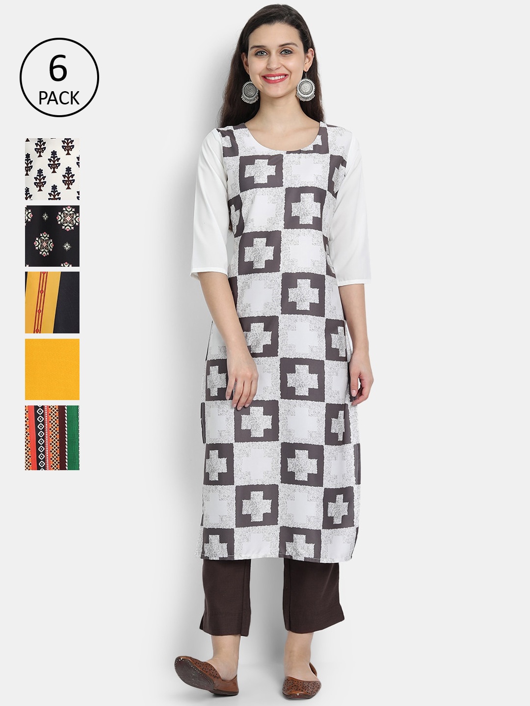 

7Threads Women Pack of 6 Geometric Printed Crepe Kurta, Black