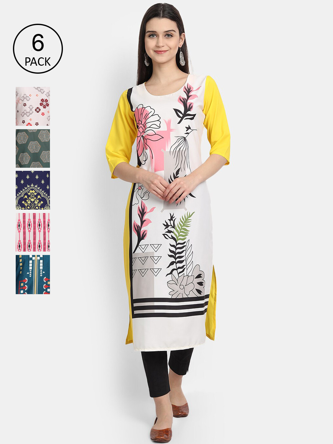 

7Threads Women Pack Of 6 Multicoloured Floral Printed Crepe Kurta, Multi