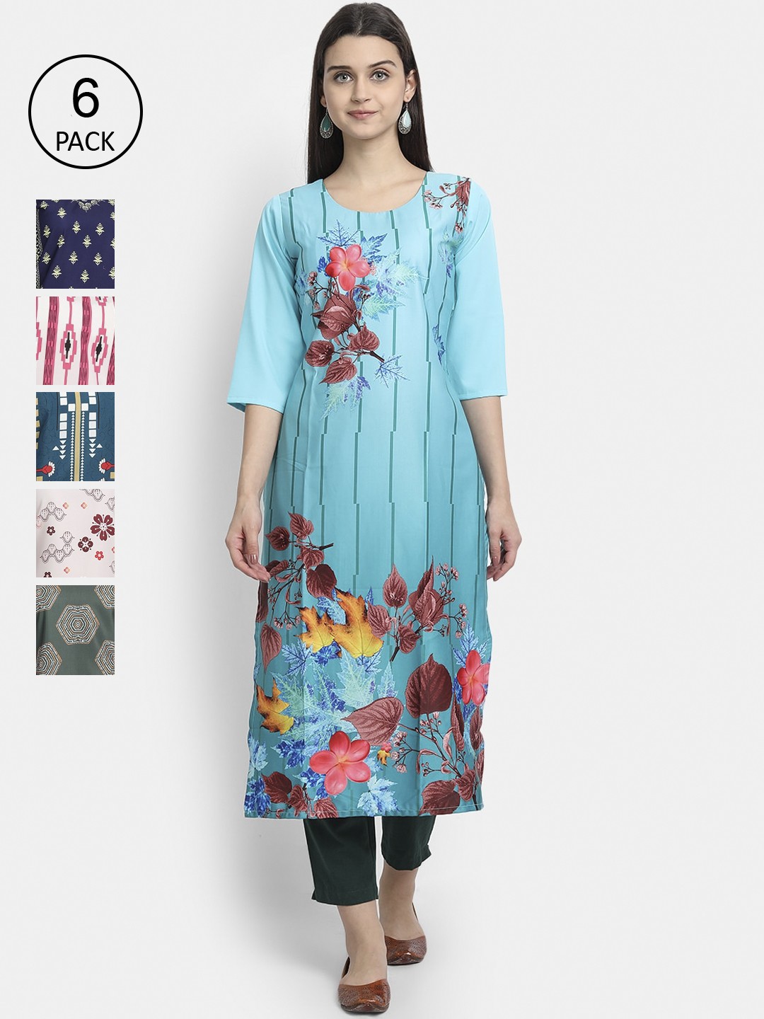 

7Threads Women Pack Of 6 Printed Crepe Kurtas, Blue