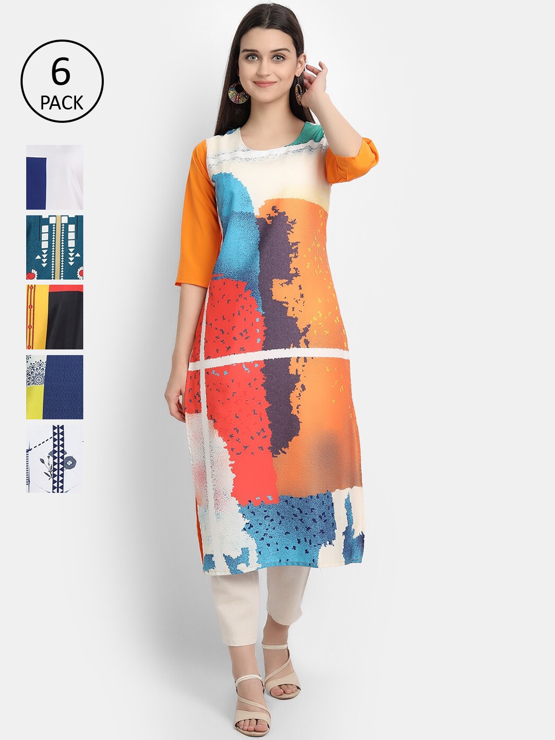 

7Threads Woman Pack of 6 Multicoloured Printed Crepe Kurta, Multi