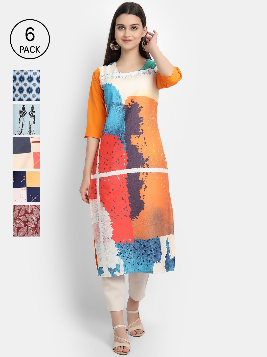 

7Threads Women Pack of 6 Printed Crepe Kurta, Multi