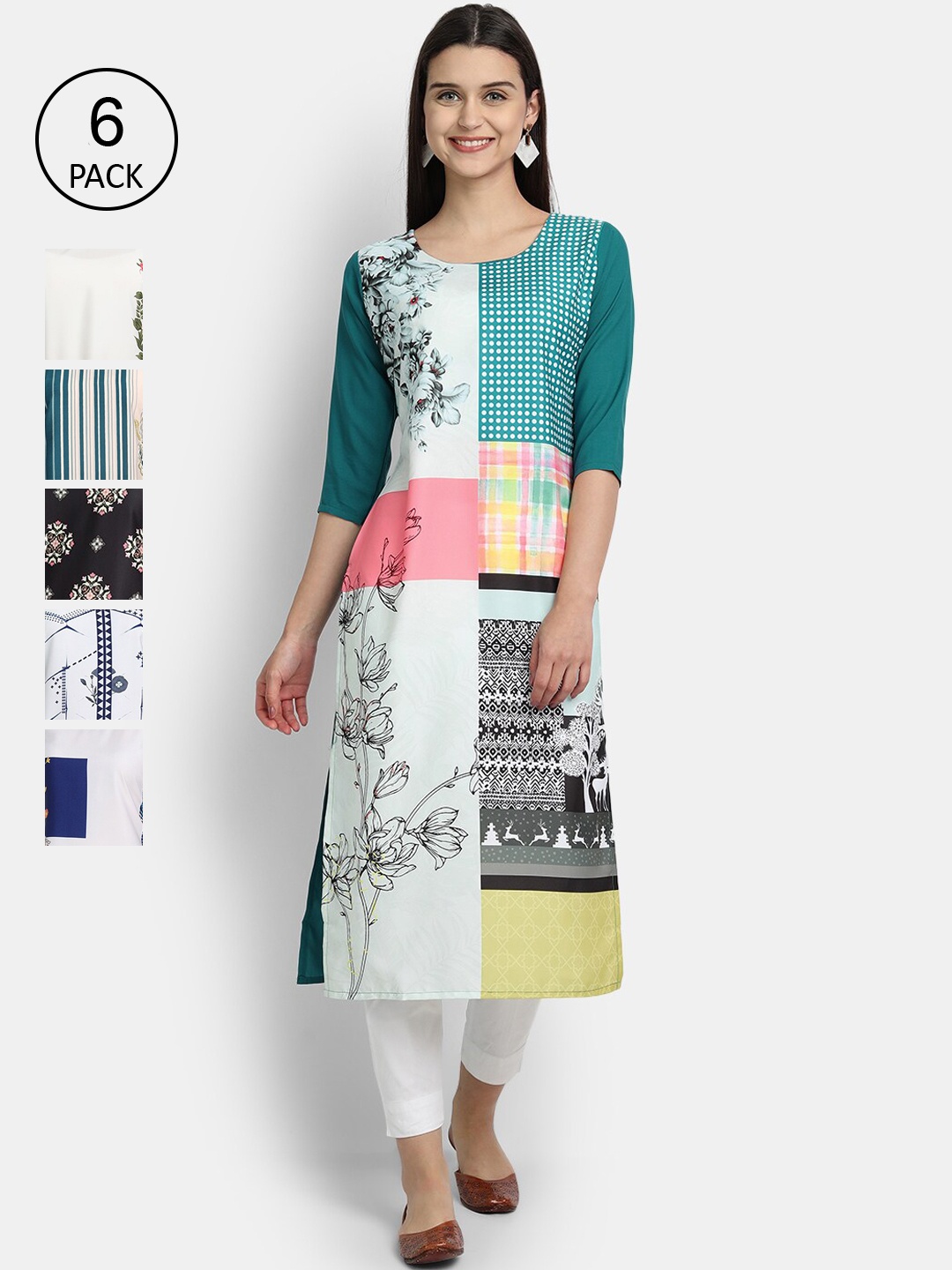 

7Threads Women Pack Of 6 Ethnic Motifs Printed Crepe Kurta, White