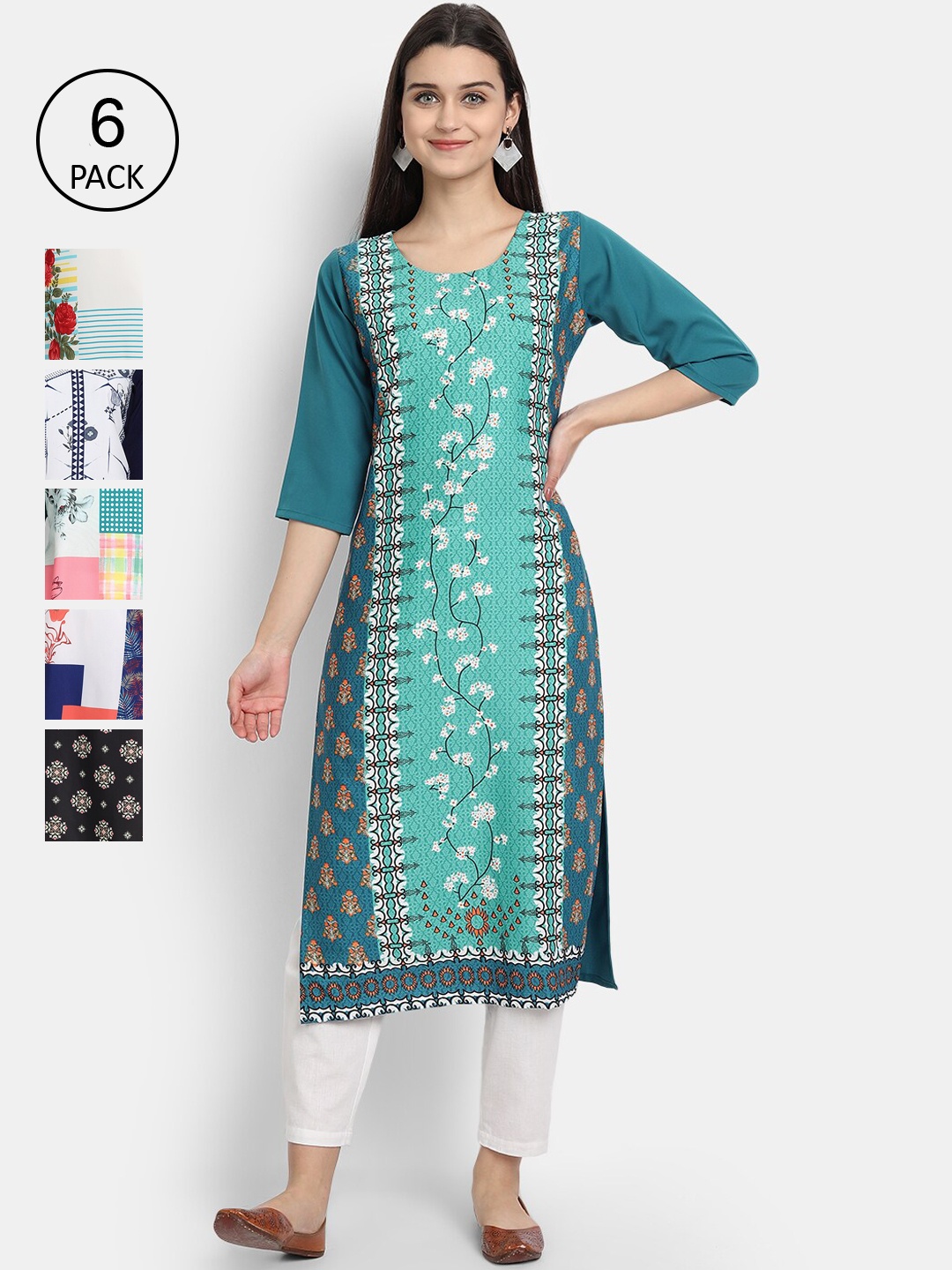 7Threads Women Pack Of 6 Printed Crepe Kurtas, Green