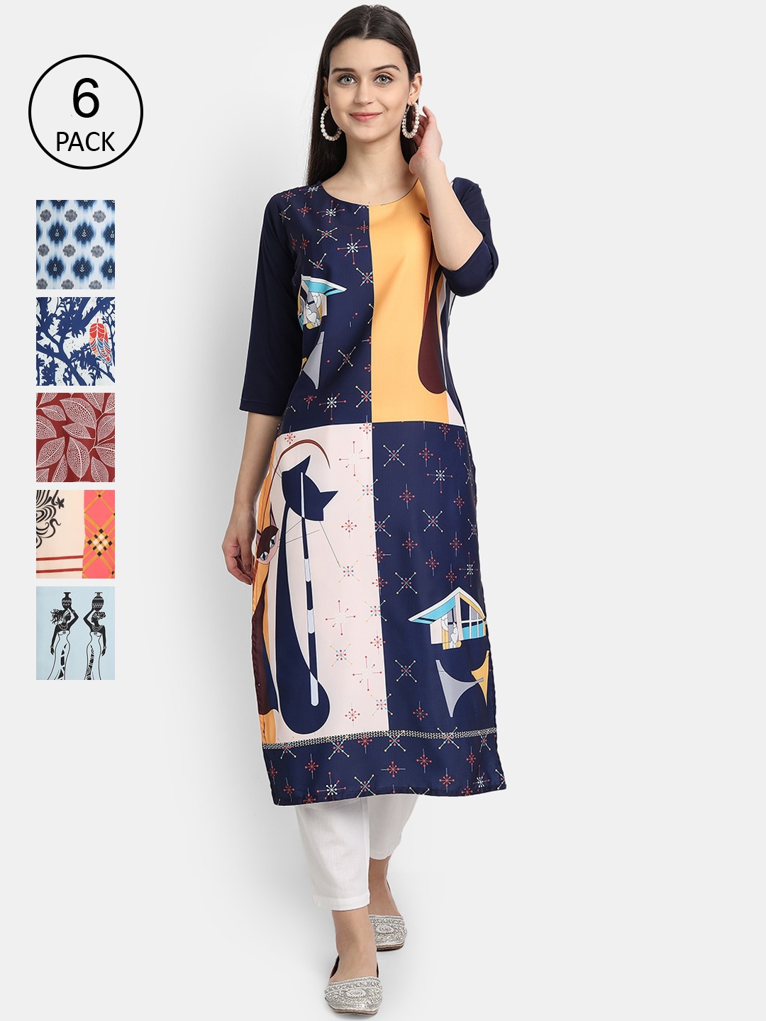

7Threads Women Pack of 6 Multicoloured Printed Crepe Straight Kurta, Multi