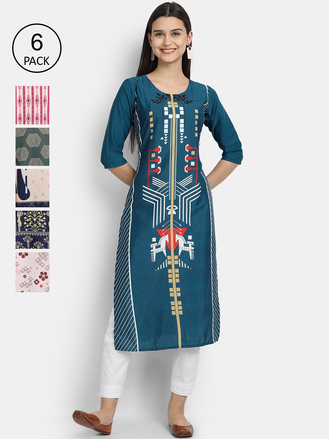 

7Threads Woman Pack of 6 Multicoloured Floral Printed Crepe Kurta, Multi