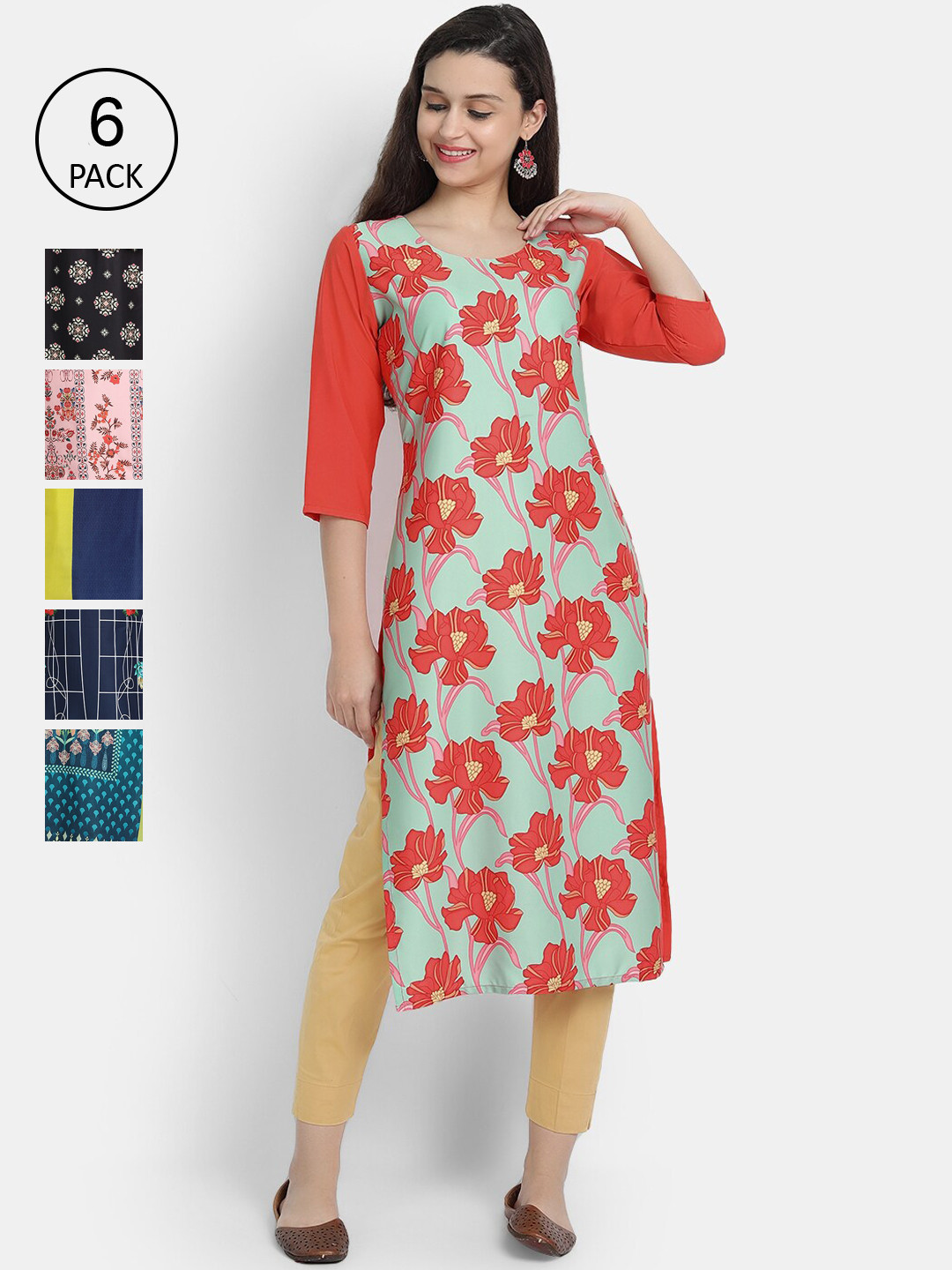 

7Threads Women Pack of 6 Printed Crepe Kurta, Multi