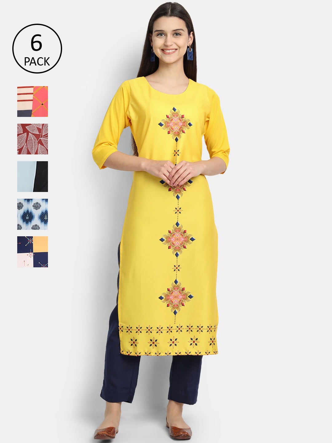 

7Threads Women Pack Of 6 Printed Crepe Kurta, Yellow