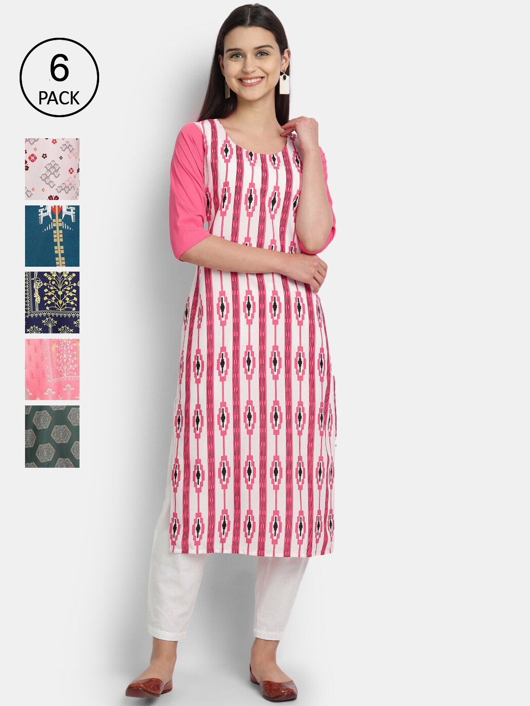 

7Threads Women Pack Of 6 Ethnic Motifs Printed Crepe Kurta, Pink