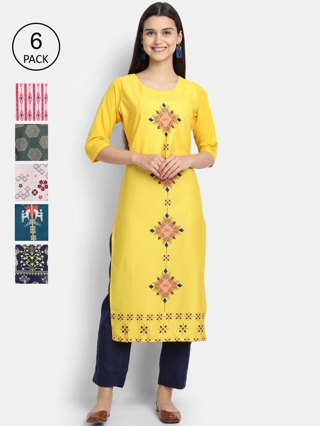 

7Threads Women Pack of 6 Ethnic Motifs Printed Crepe Kurta, Yellow