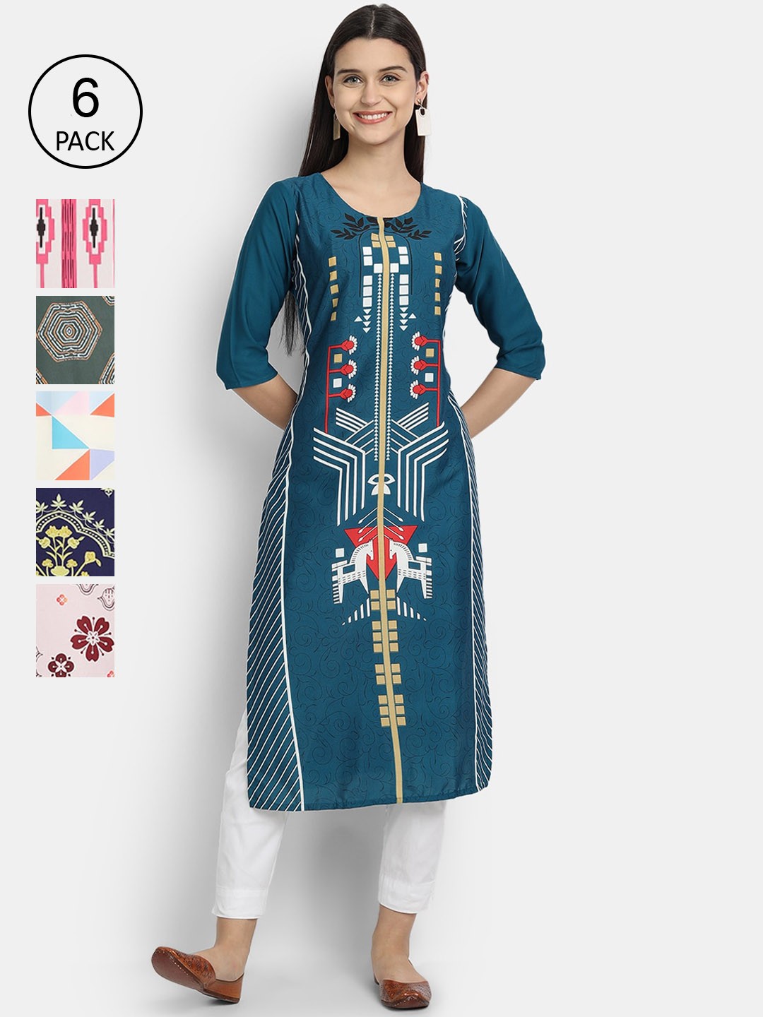 

7Threads Women Pack Of 6 Printed Crepe Kurtas, Blue