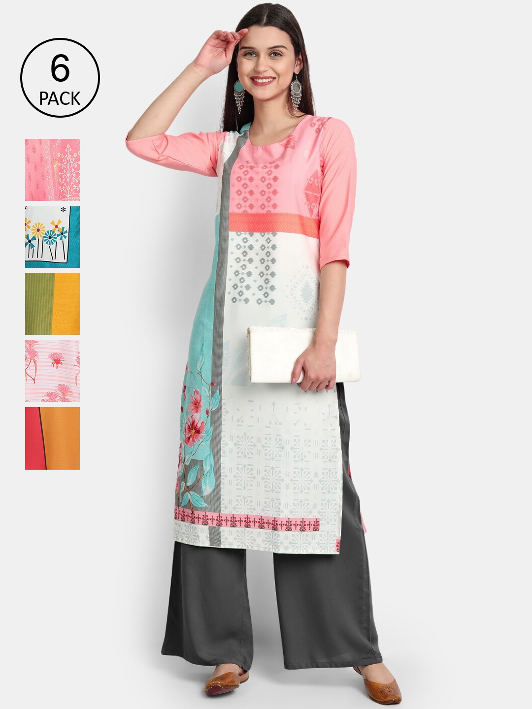 

7Threads Women Pack of 6 Multicoloured Printed Crepe Straight Kurta, Multi