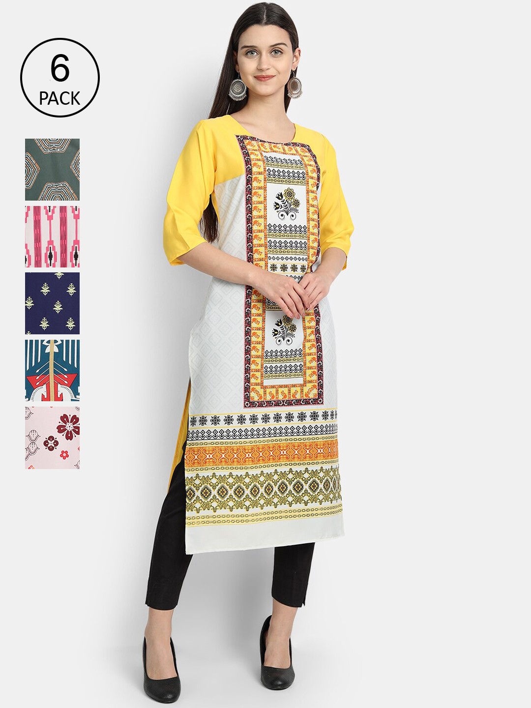 

7Threads Woman Pack of 6 Multicoloured Geometric Printed Crepe Kurta, Multi