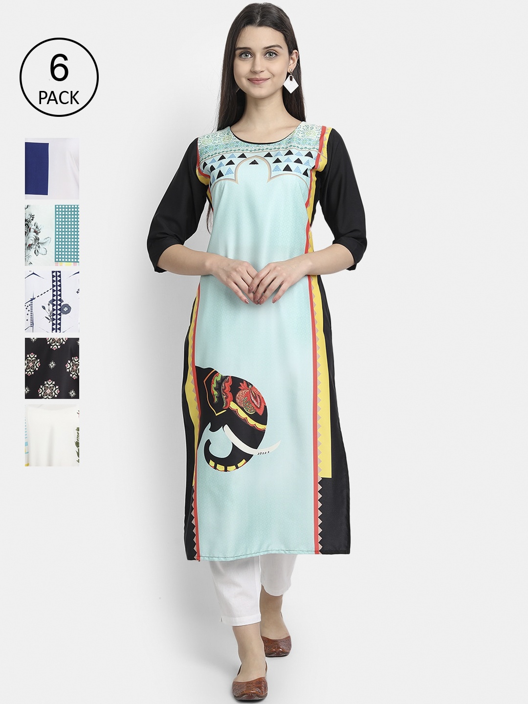 

7Threads Women Pack of 6 Printed Crepe Kurta, Multi