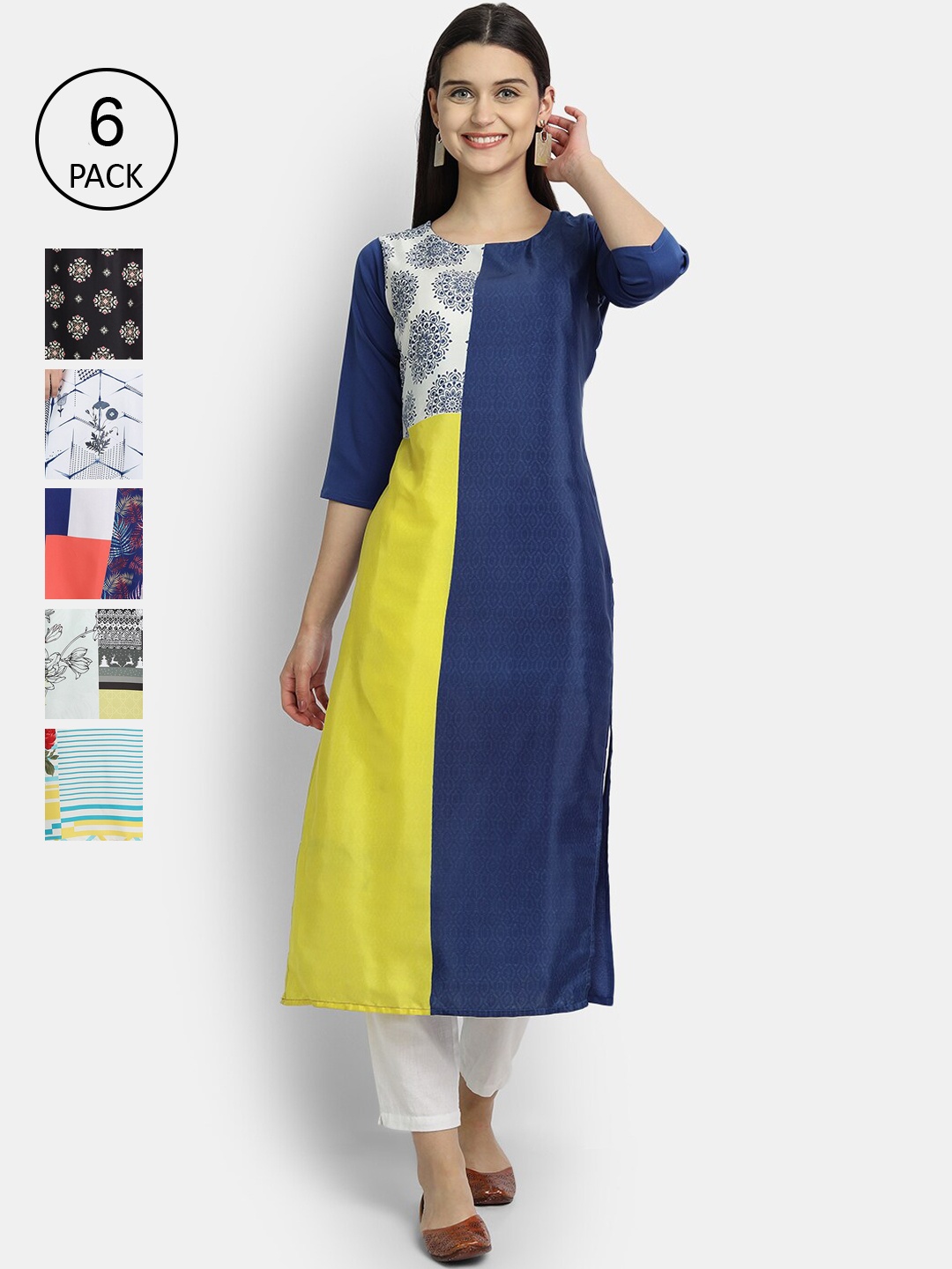 

7Threads Women Pack Of 6 Printed Crepe Kurta, Blue