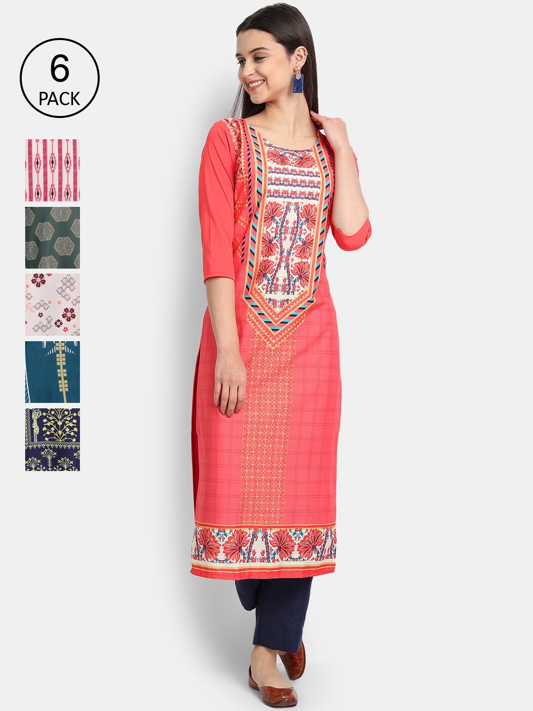 

7Threads Women Pack Of 6 Ethnic Motifs Printed Crepe Kurta, Red