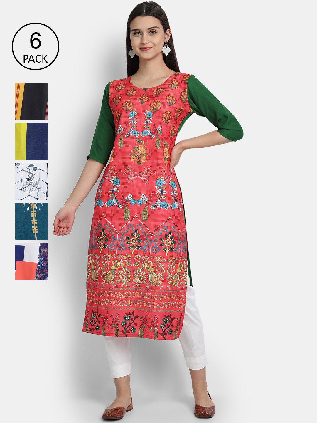 

7Threads Women Pack Of 6 Multicoloured Ethnic Motifs Printed Crepe Kurta, Multi