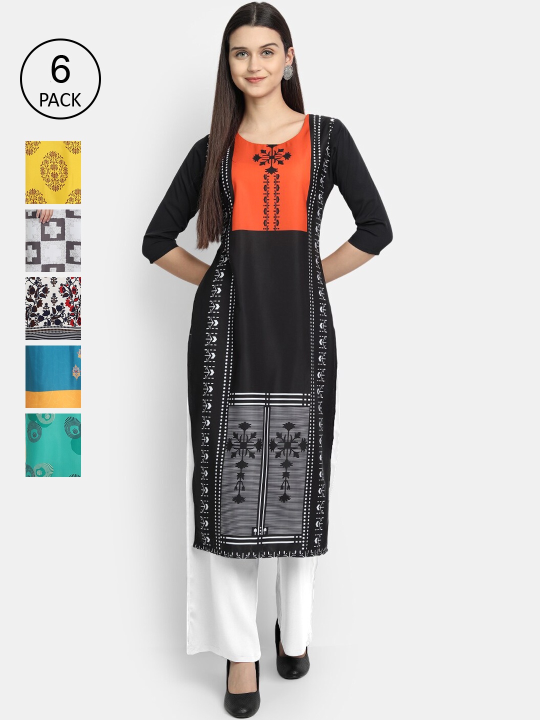 

7Threads Women Pack Of 6 Printed Crepe Kurtas, Black