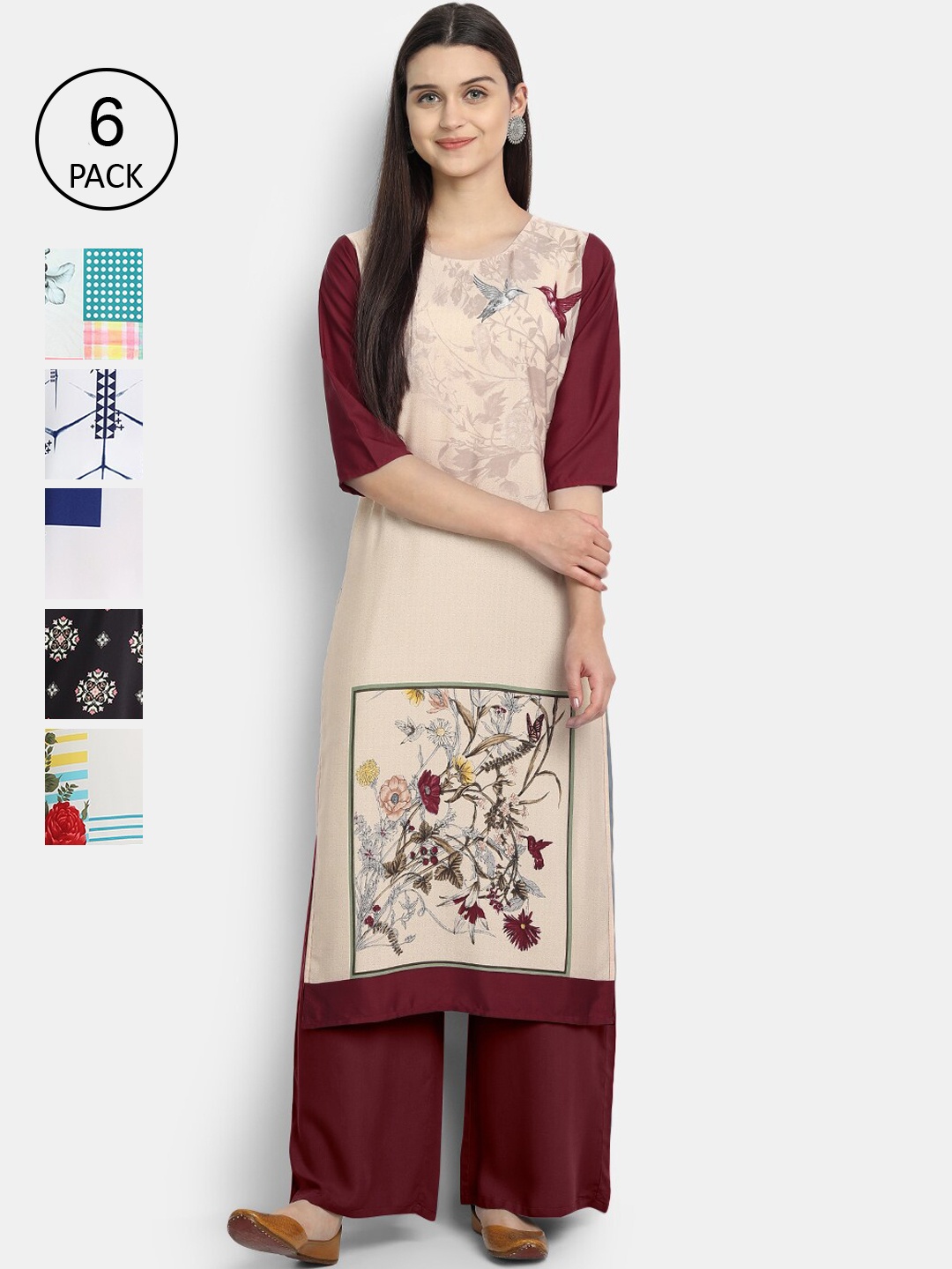 

7Threads Women Pack of 6 Multicoloured Printed Crepe Kurta, Multi