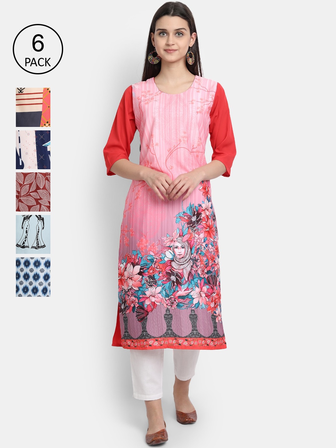 

7Threads Woman Pack of 6 Multicoloured Ethnic Motifs Printed Crepe Kurta, Multi