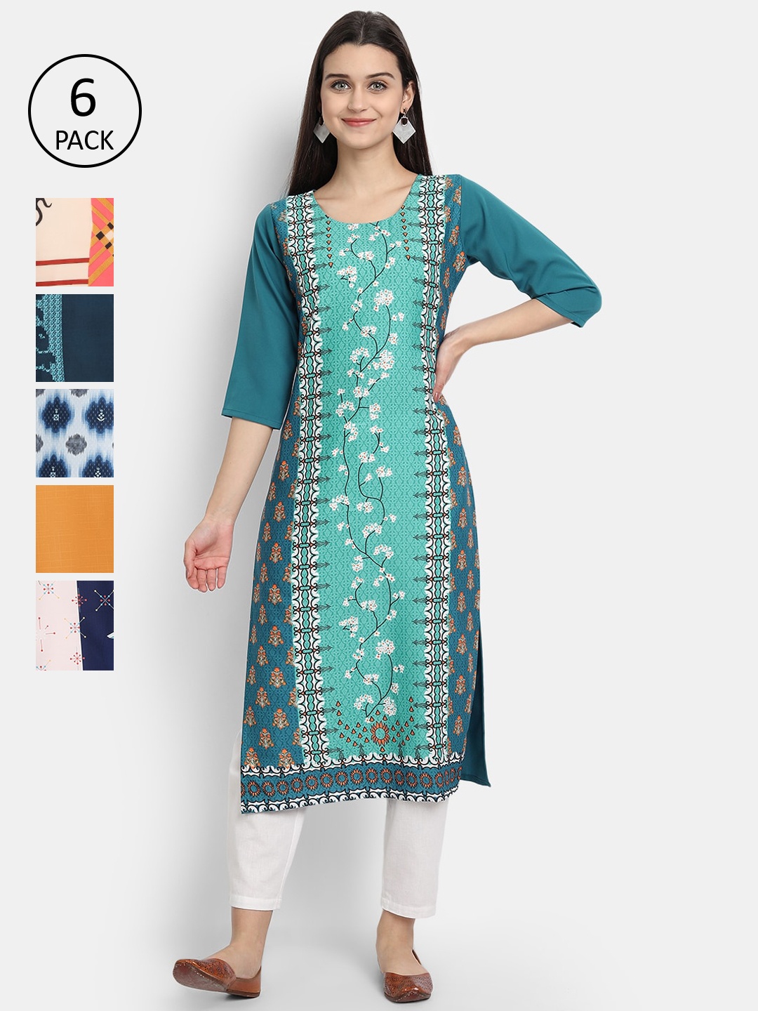 

7Threads Women Blue & Yellow Printed Crepe Kurta