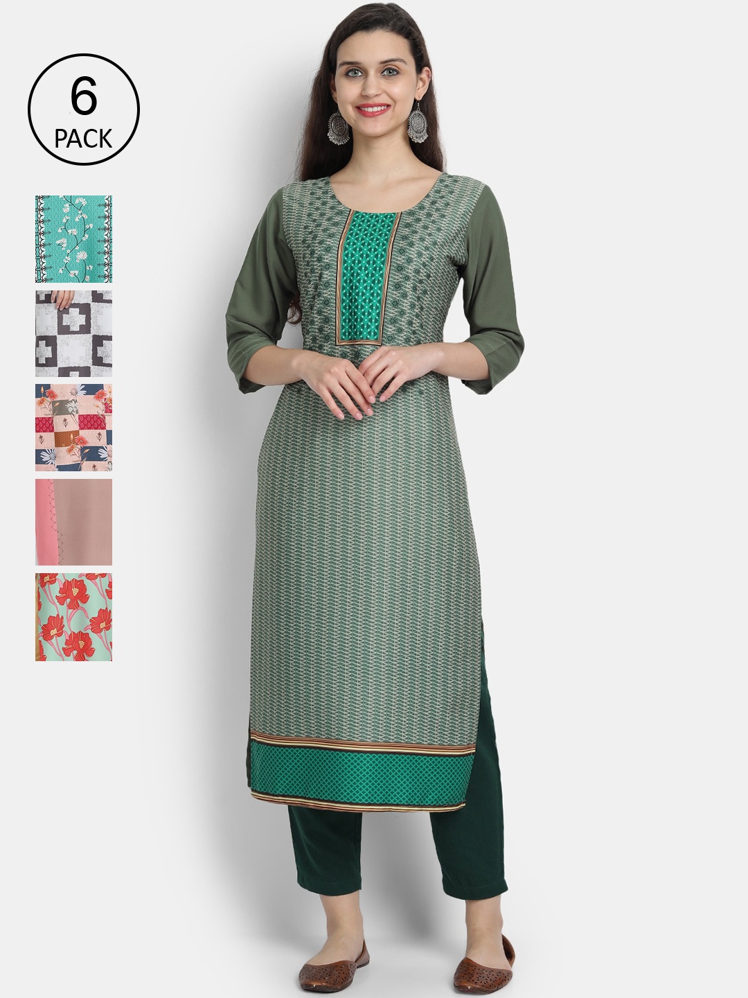 

7Threads Women Pack Of 6 Floral Printed Crepe Kurta, Green