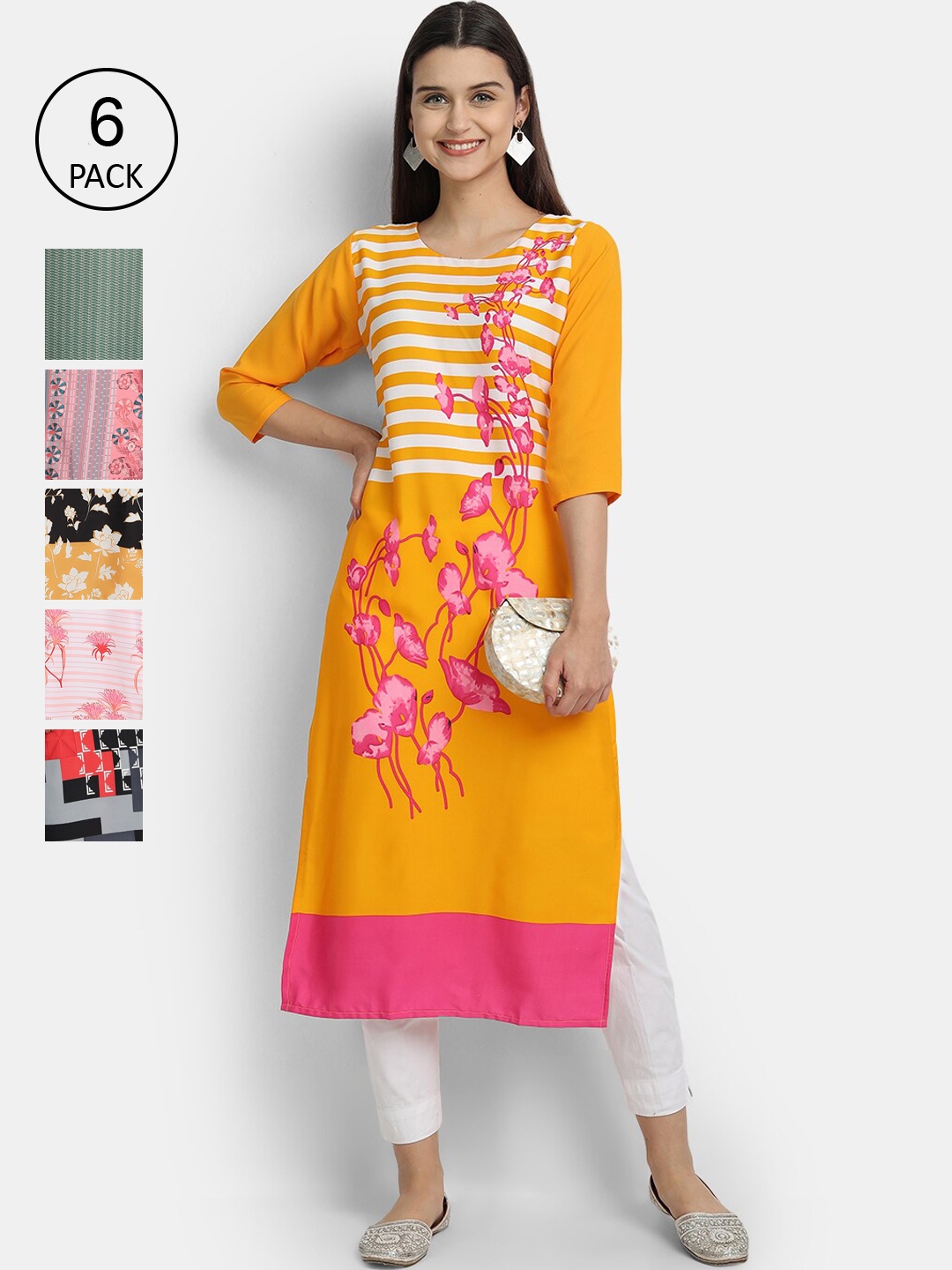 

7Threads Women Pack of 6 Ethnic Motifs Printed Crepe Kurta, Yellow