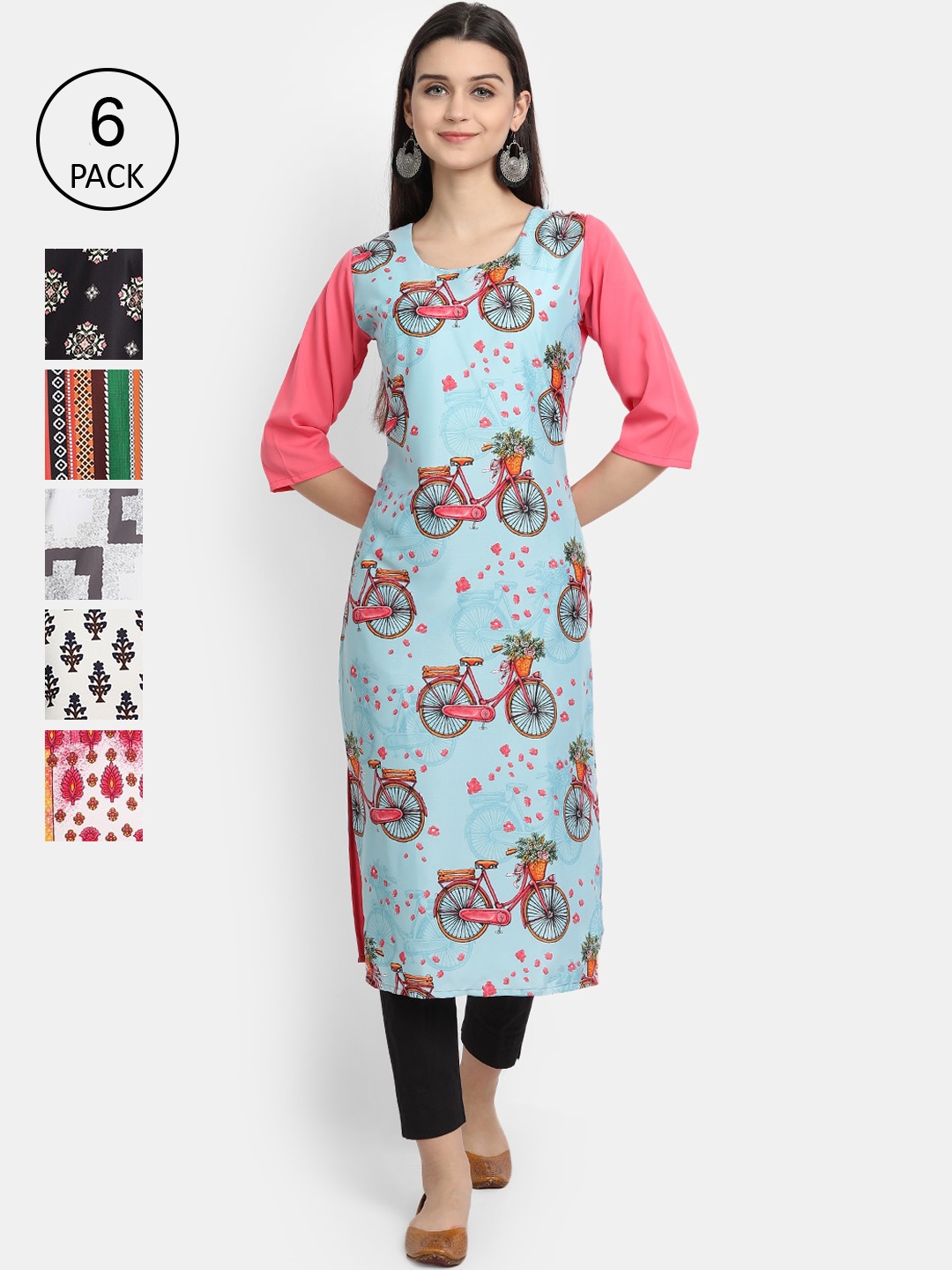 

7Threads Women Pack Of 6 Multicoloured Floral Printed Crepe Kurta, Multi