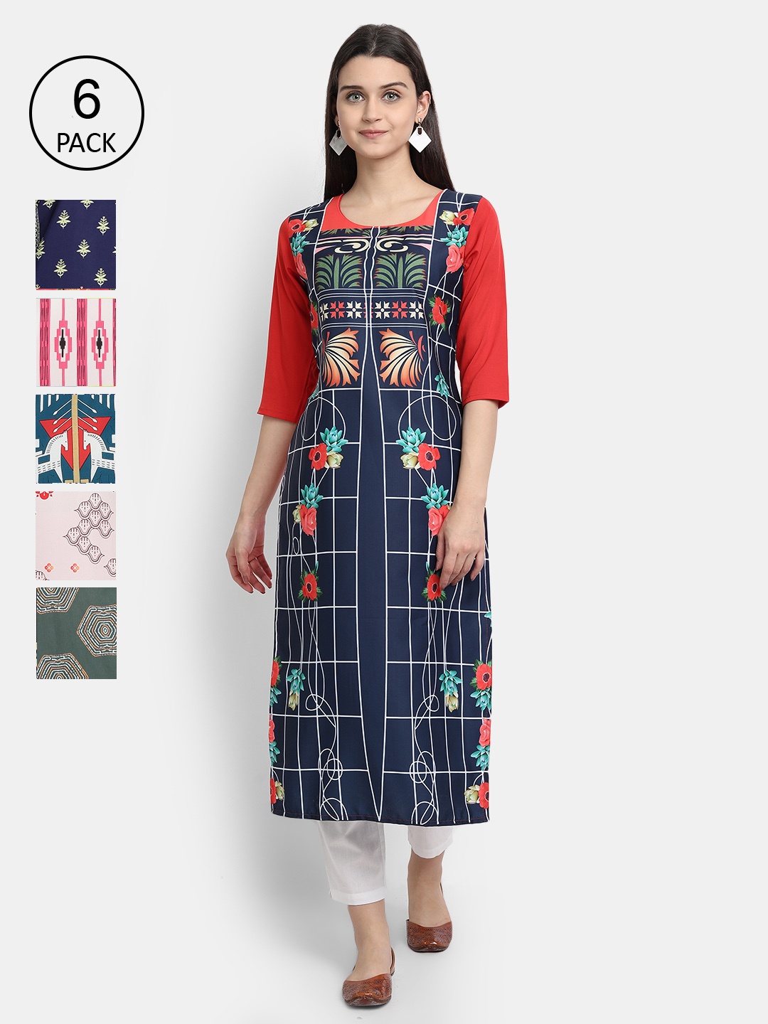 

7Threads Women Pack Of 6 Printed Crepe Kurtas, Pink