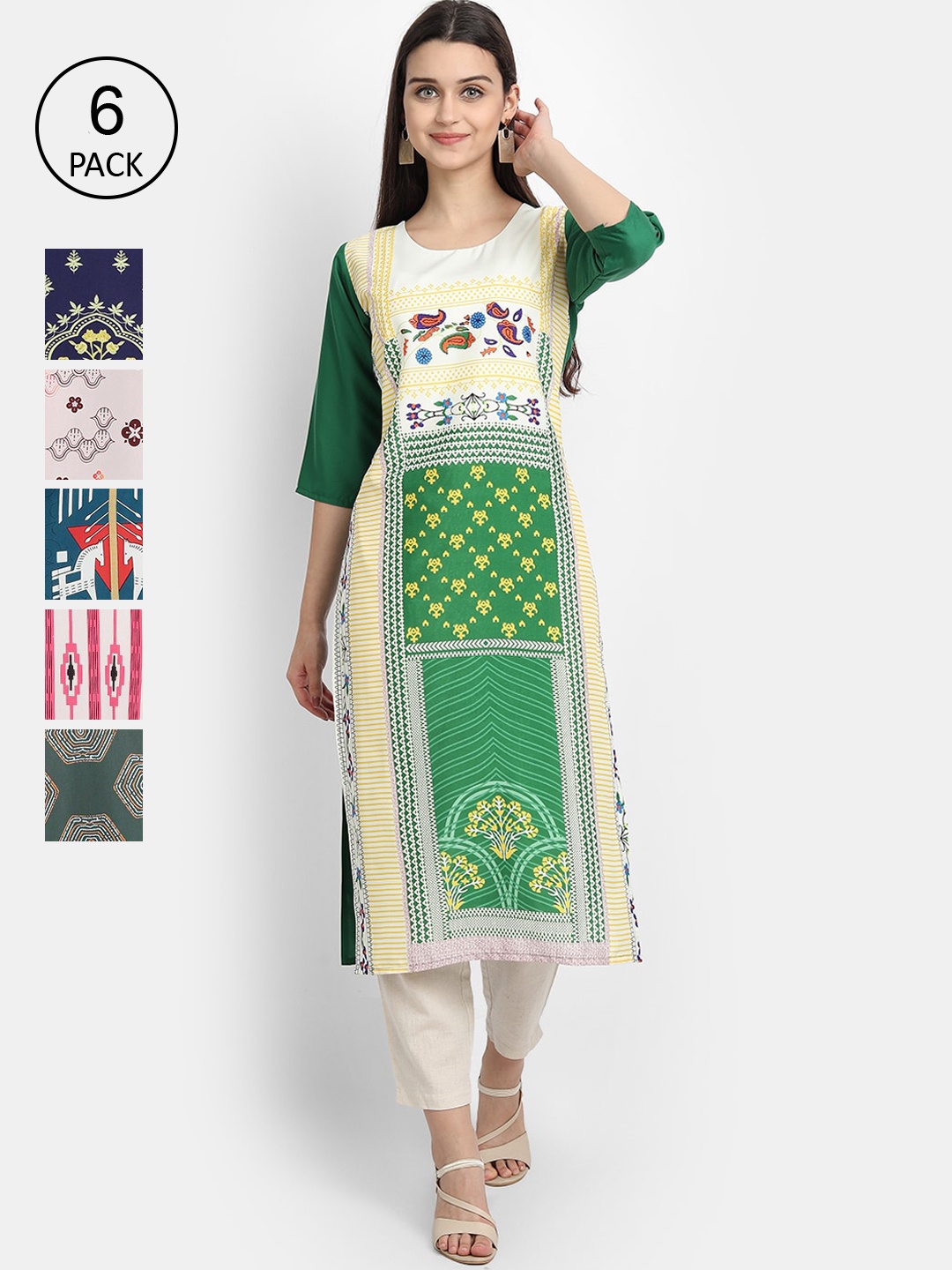 

7Threads Women Pack of 6 Multicoloured Printed Crepe Kurta, Multi
