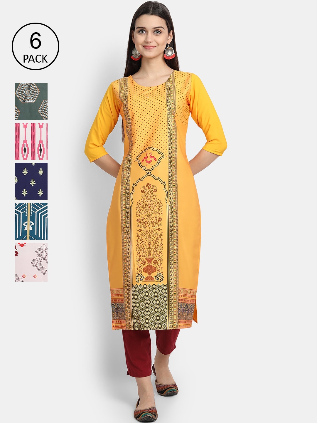 

7Threads Women Pack of 6 Printed Crepe Kurta, Multi