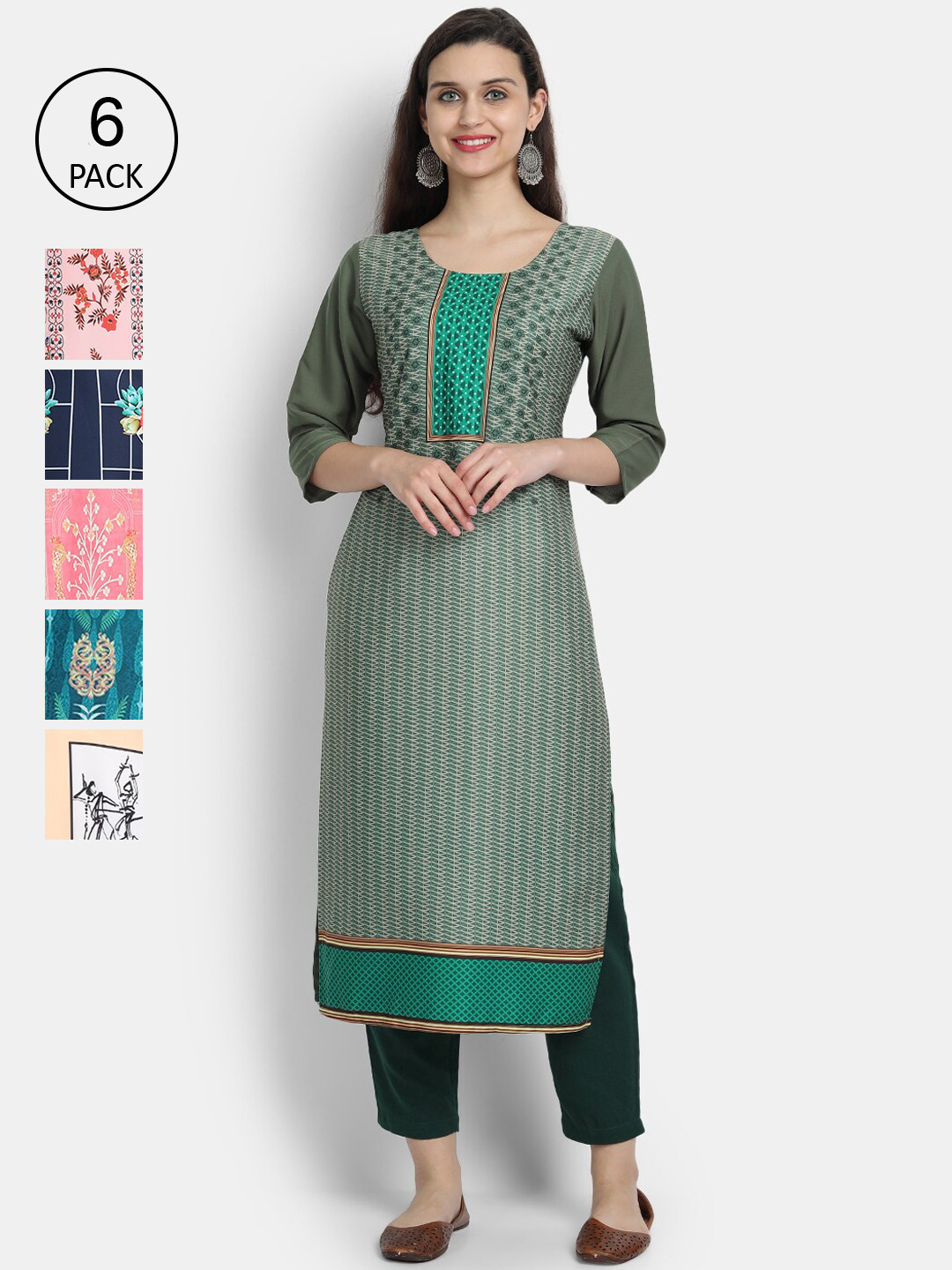 

7Threads Women Pack Of 6 Printed Crepe Kurta, Green