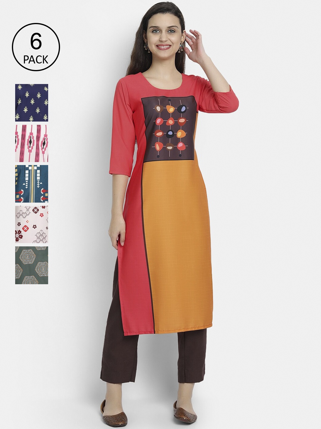 

7Threads Women Pack Of 6 Ethnic Motifs Printed Crepe Kurta, Pink