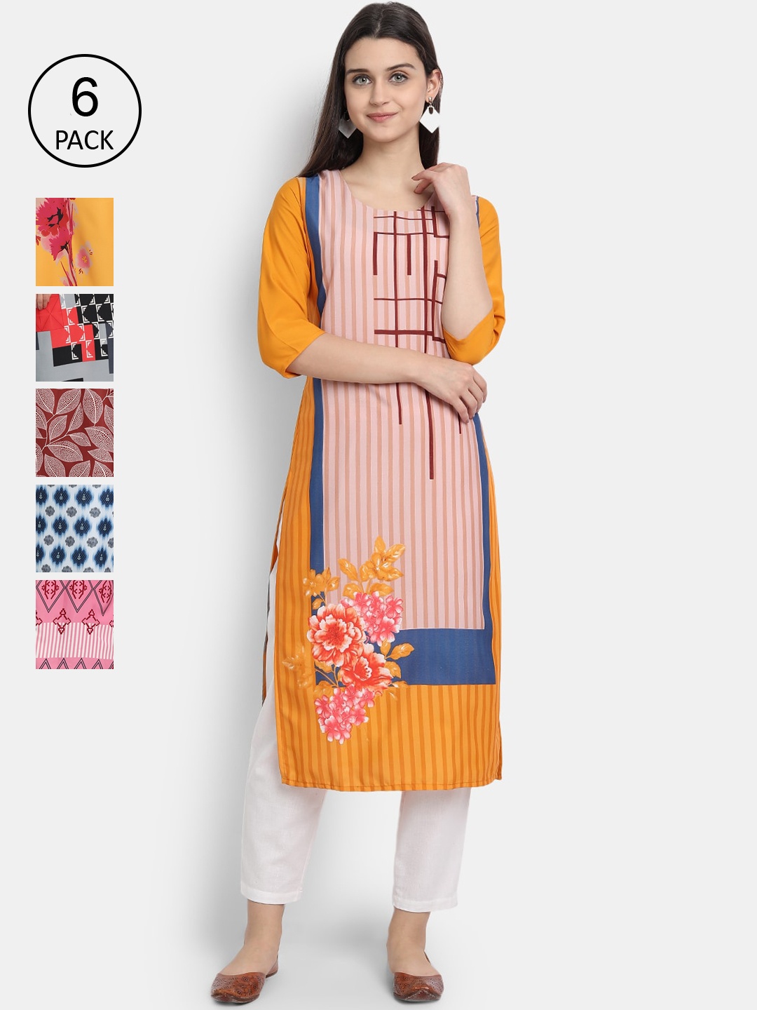 

7Threads Women Pack of 6 Ethnic Motifs Printed Crepe Kurta, Orange