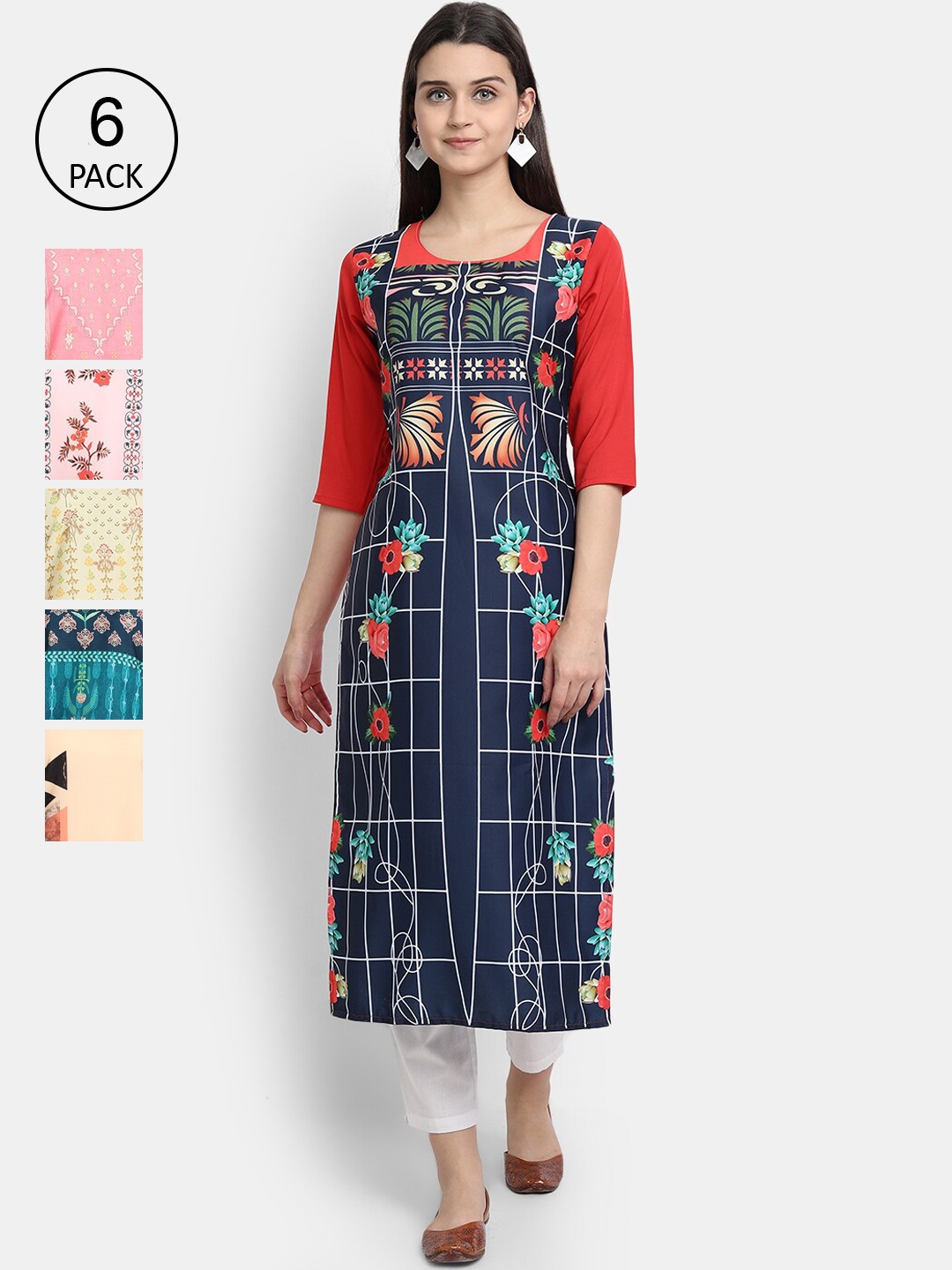 7Threads Women Pack Of 6 Multicoloured Ethnic Motifs Printed Crepe Kurta, Multi