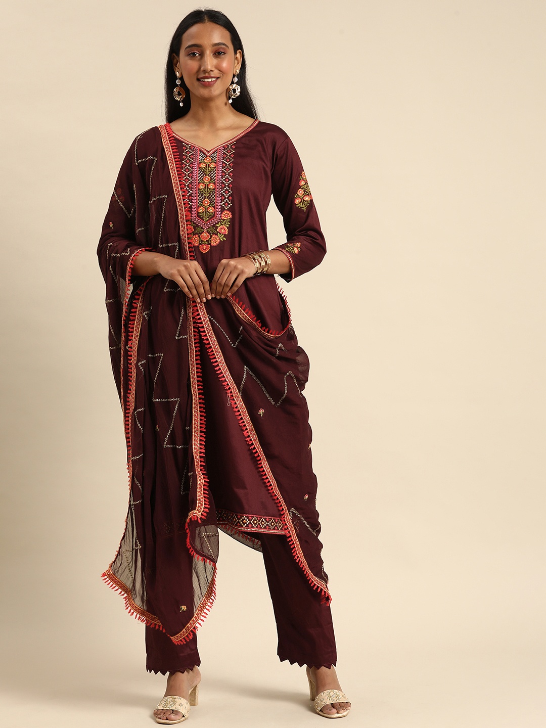 

Shaily Burgundy Embroidered Pure Cotton Unstitched Dress Material