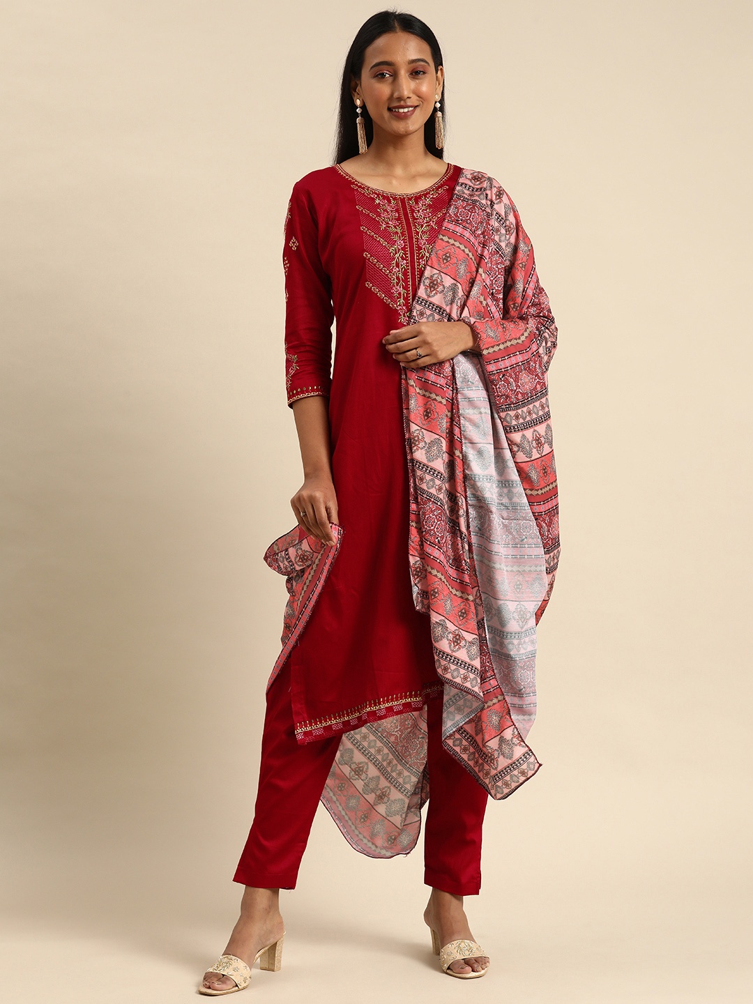 

Shaily Maroon Embroidered Unstitched Dress Material