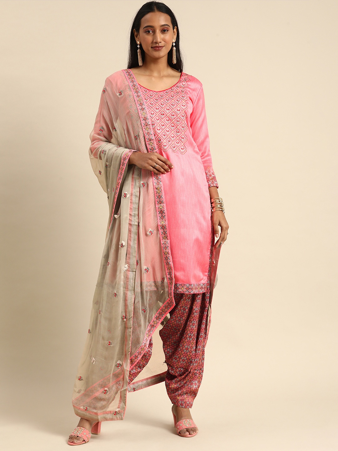 

Shaily Pink Embroidered Satin Unstitched Dress Material