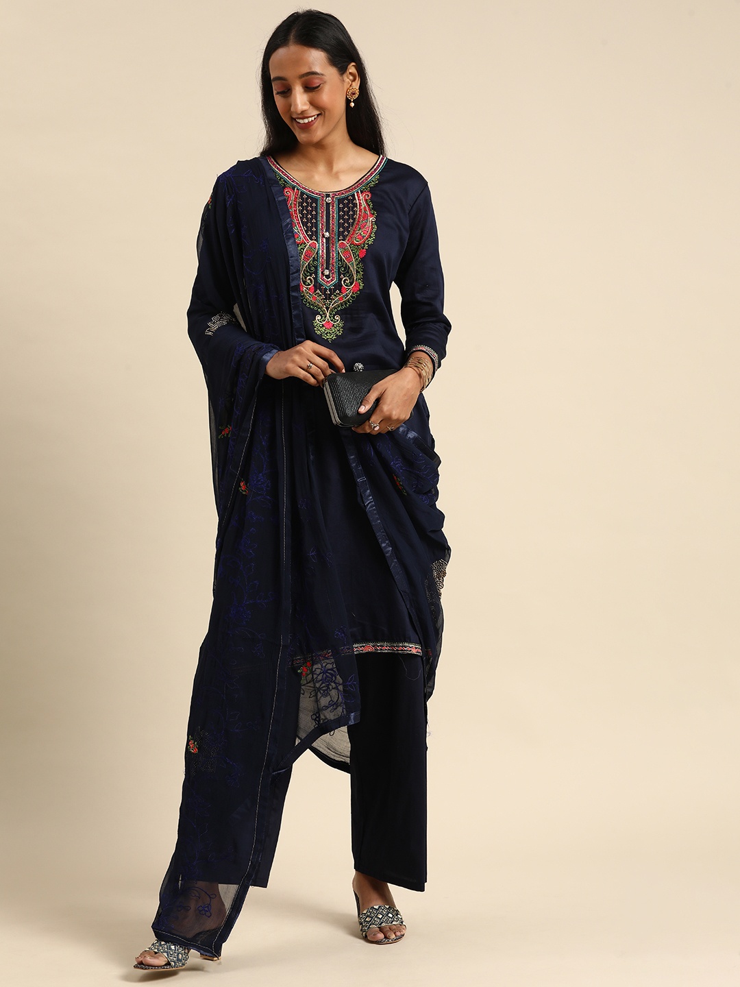 

Shaily Navy Blue Embroidered Pure Cotton Unstitched Dress Material