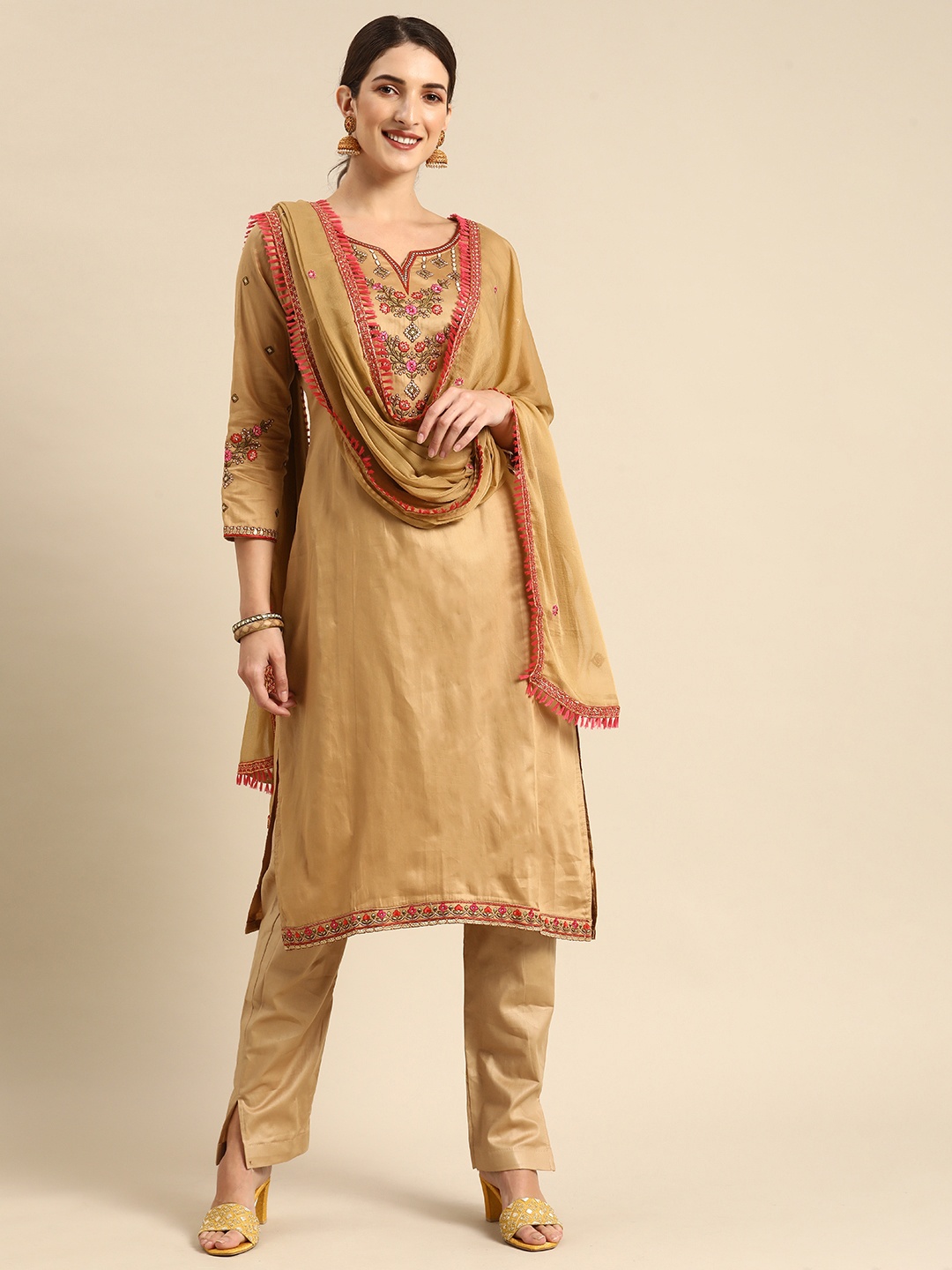 

Shaily Beige Embroidered Pure Cotton Unstitched Dress Material