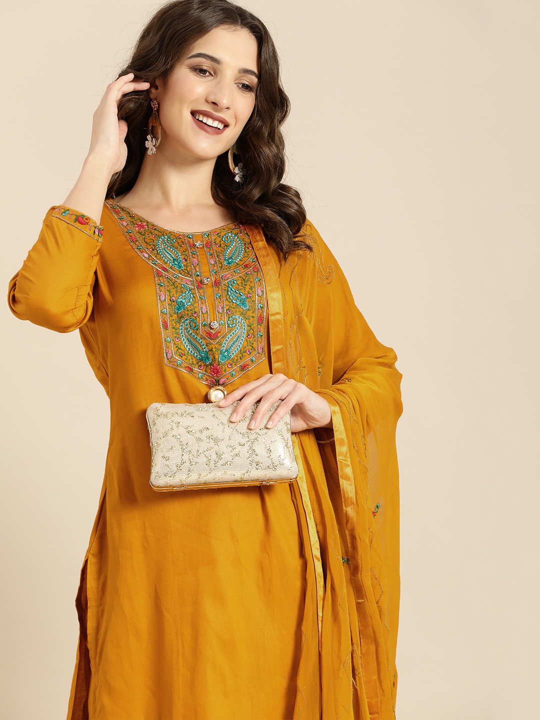 

Shaily Mustard & Green Embroidered Pure Cotton Unstitched Dress Material