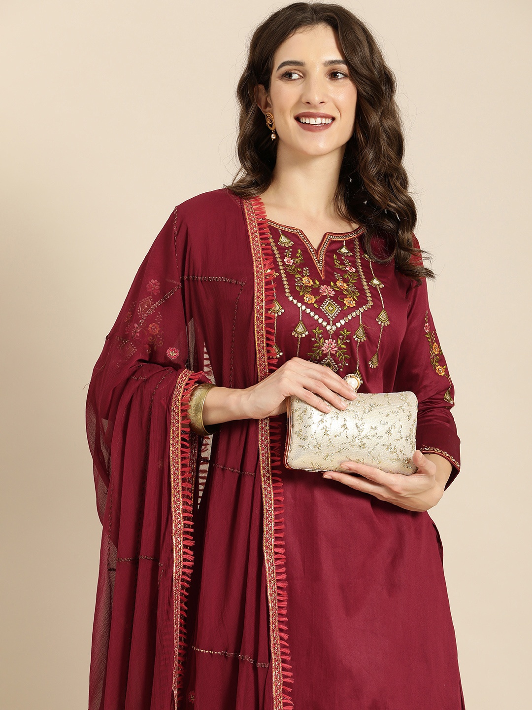 

Shaily Maroon Embroidered Pure Cotton Unstitched Dress Material