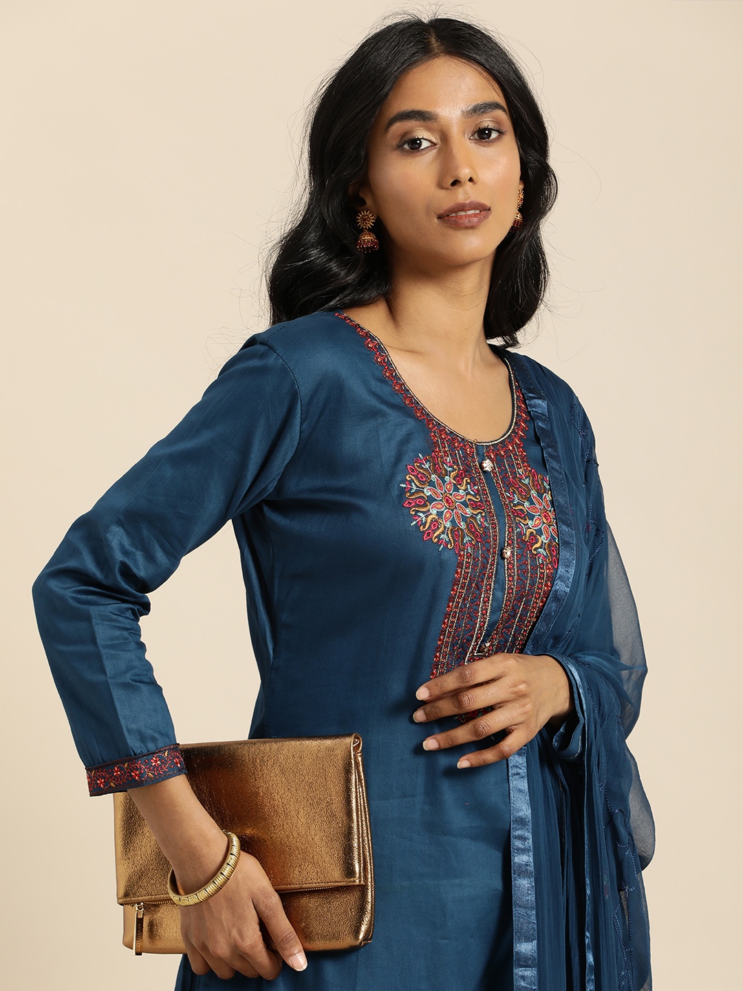 

Shaily Navy Blue & Red Embroidered Pure Cotton Unstitched Dress Material