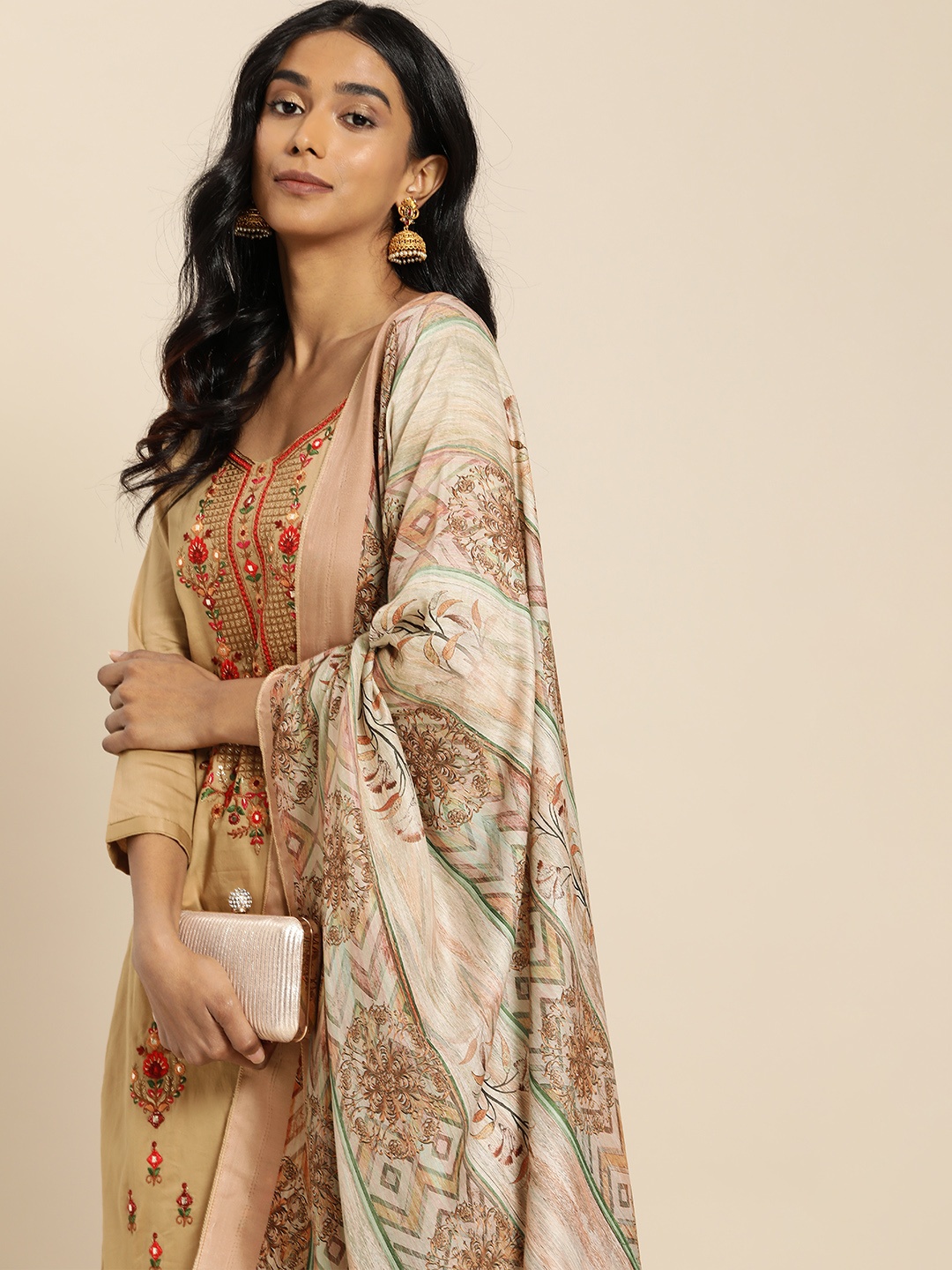 

Shaily Beige Embroidered Pure Cotton Unstitched Dress Material