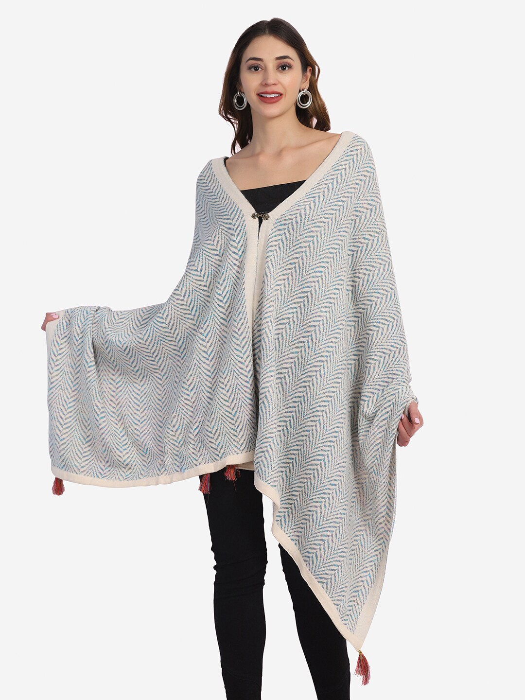 

Saanjh Women White & Grey Knitted Poncho