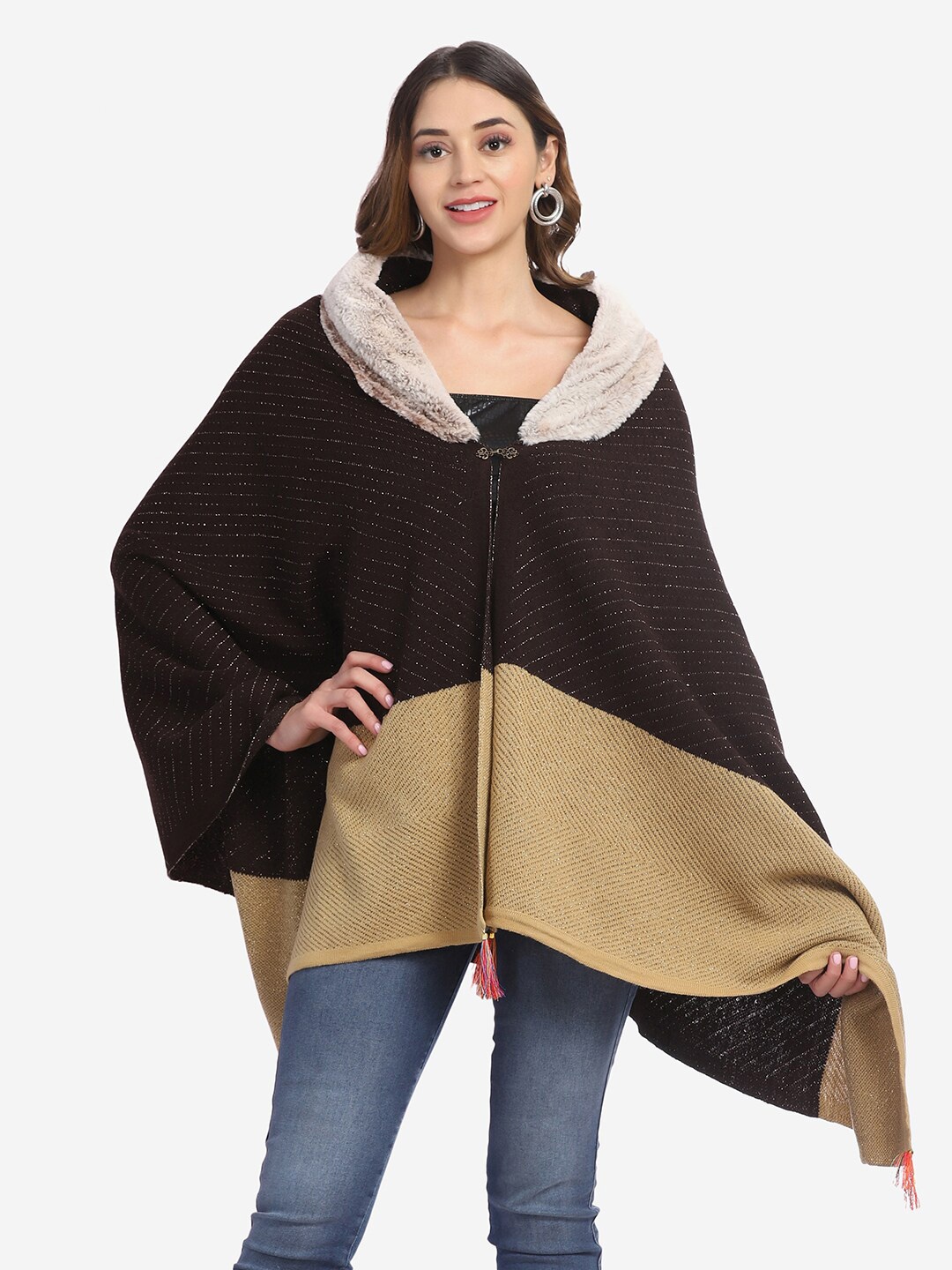 

Saanjh Women Black & Brown Colourblocked Knitted Woolen Poncho