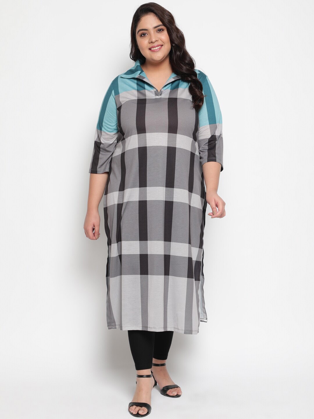 

Amydus Women Plus Size Black Checked Cotton Kurta