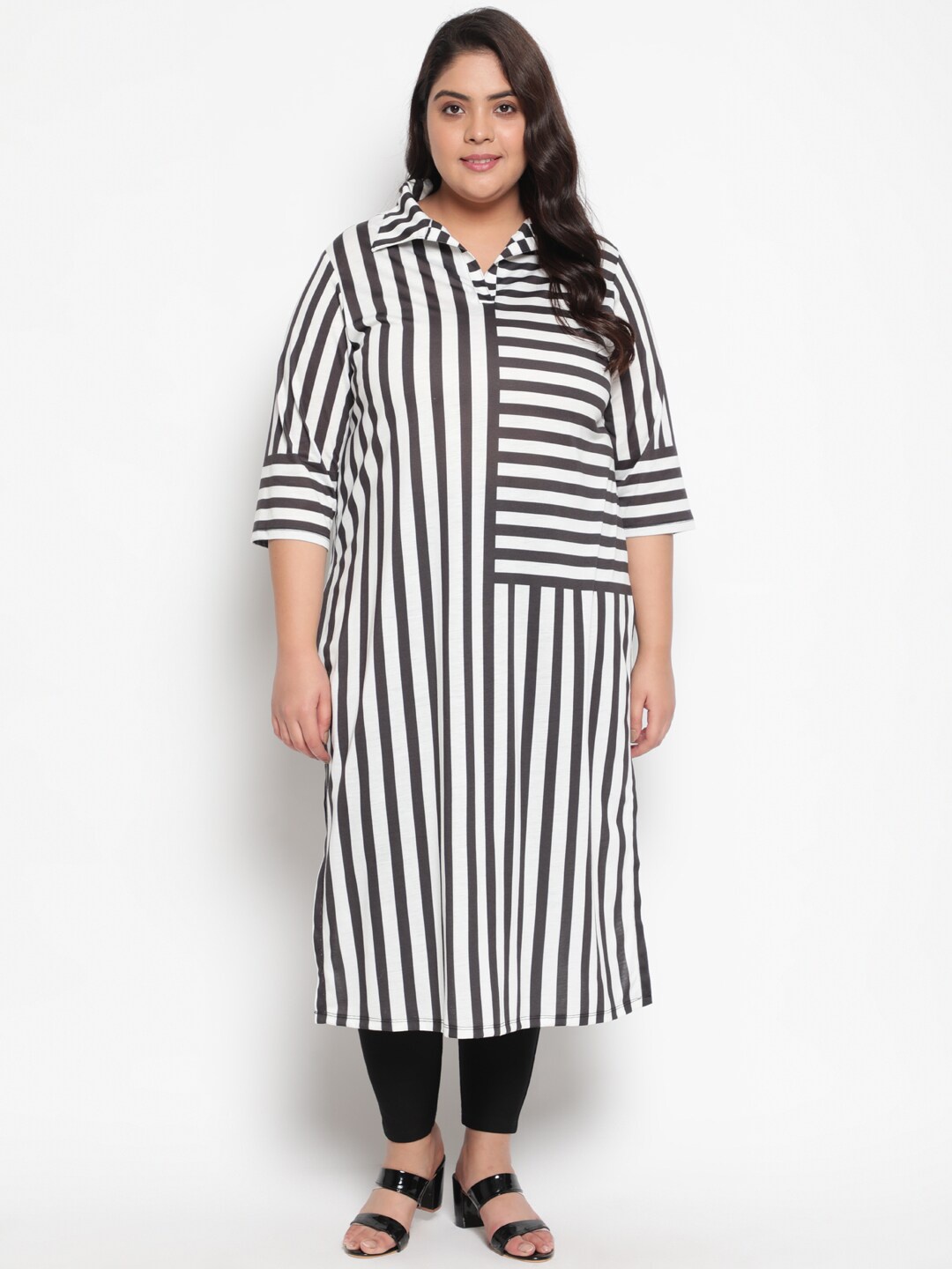 

Amydus Women Plus Size Black & White Striped Cotton Blend Kurta