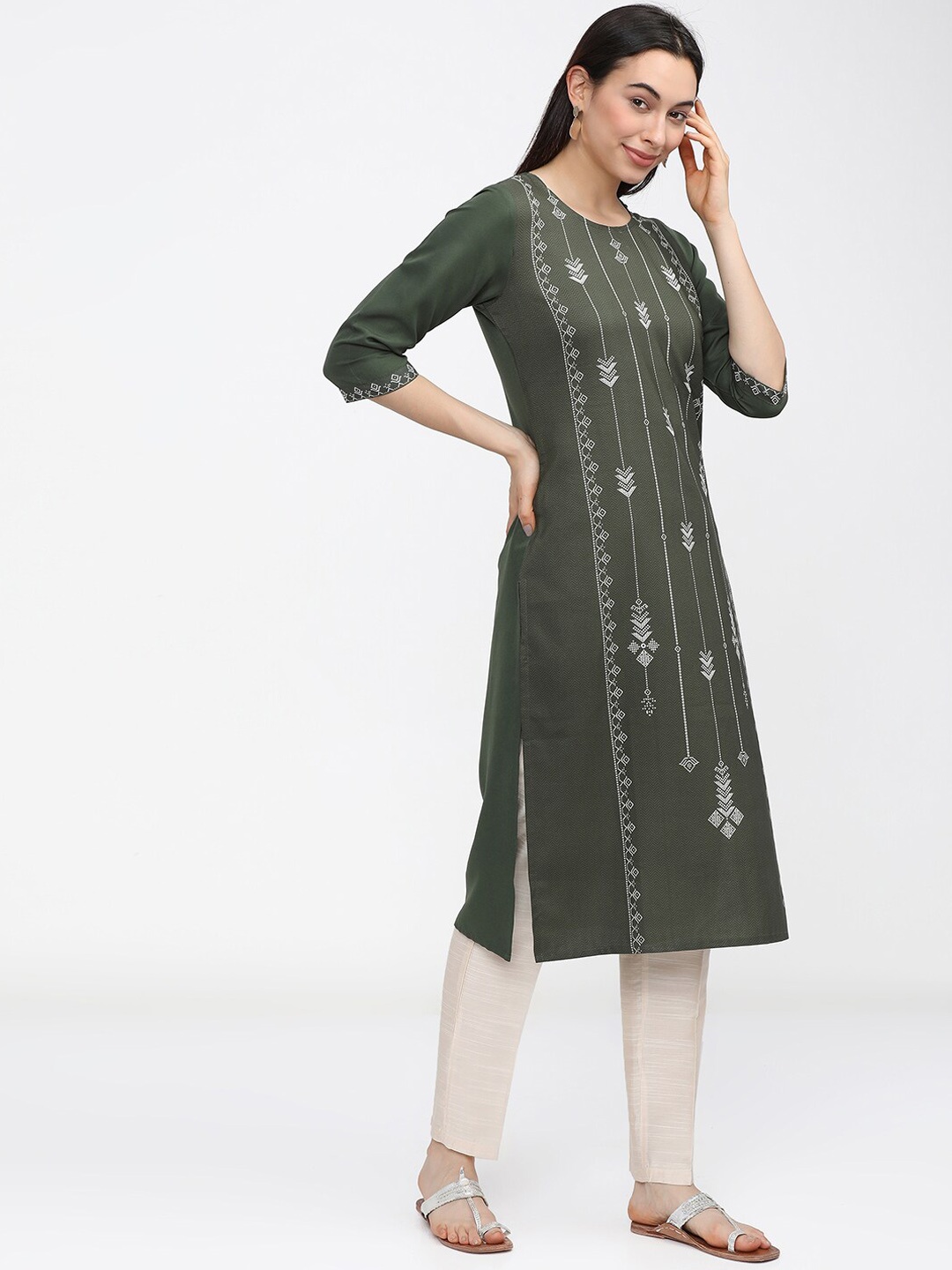 

KETCH Women Olive Green Ethnic Motifs Printed Kurta